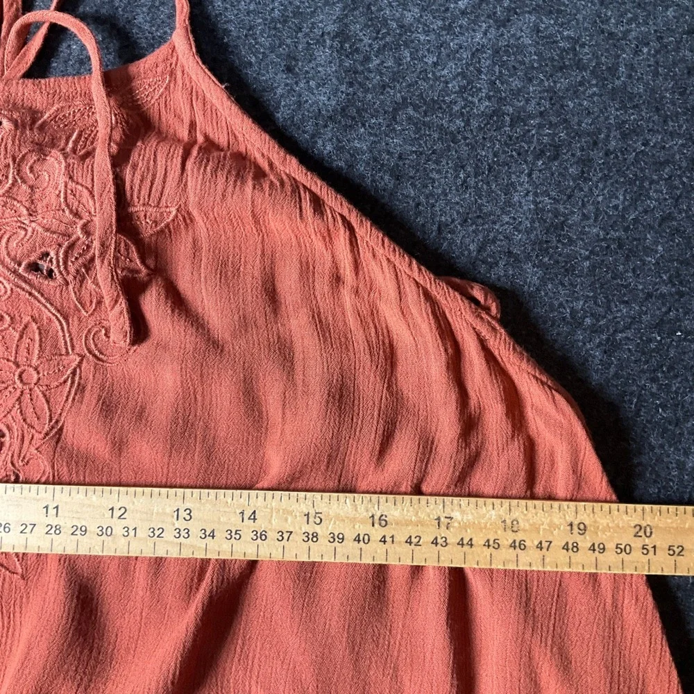 Free People Mini Dress Womens L Rust Orange Boho Embroidered Ruffle Trapeze Airy